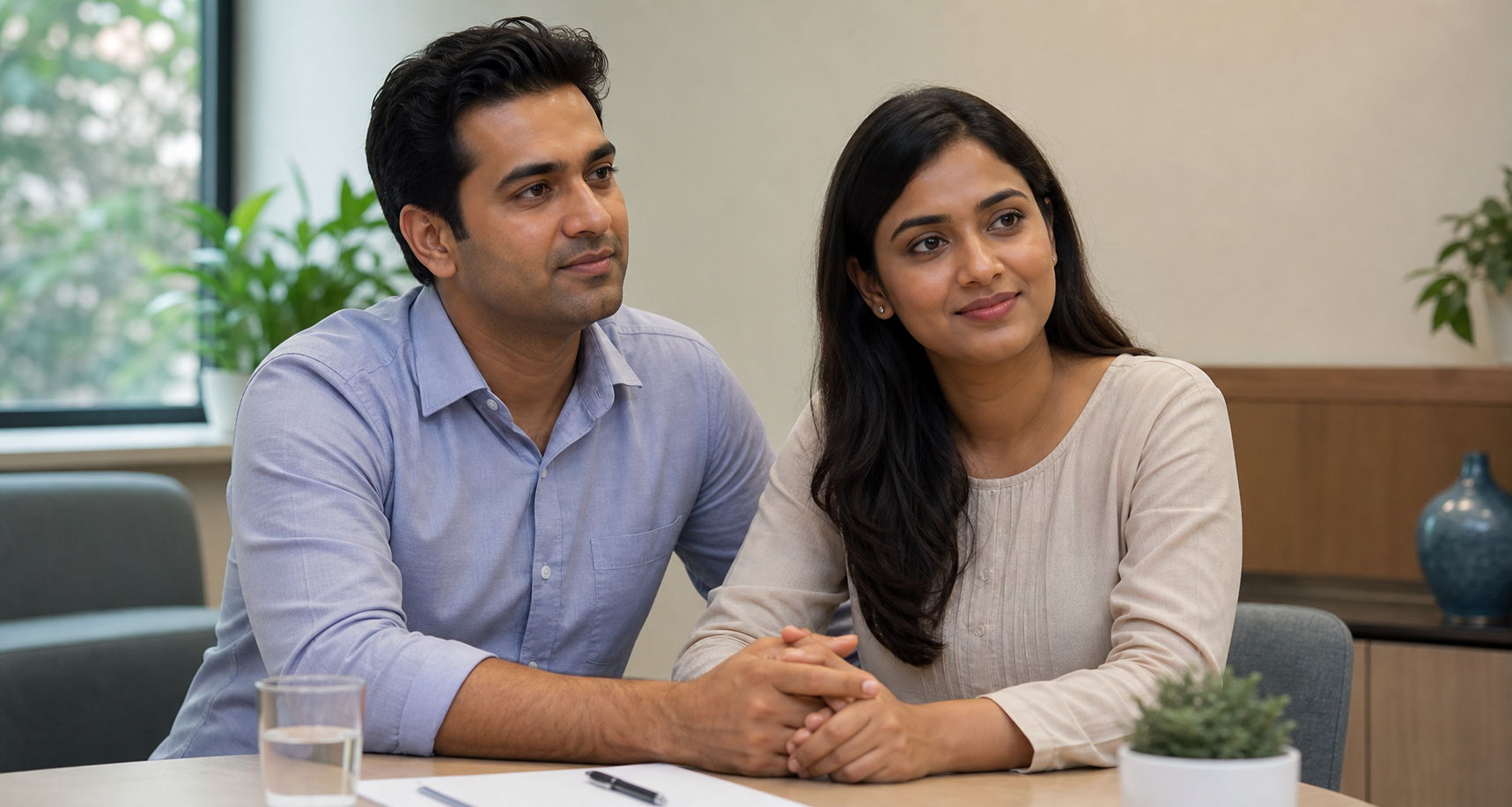 Couple discussing health concerns in a private clinic setting
