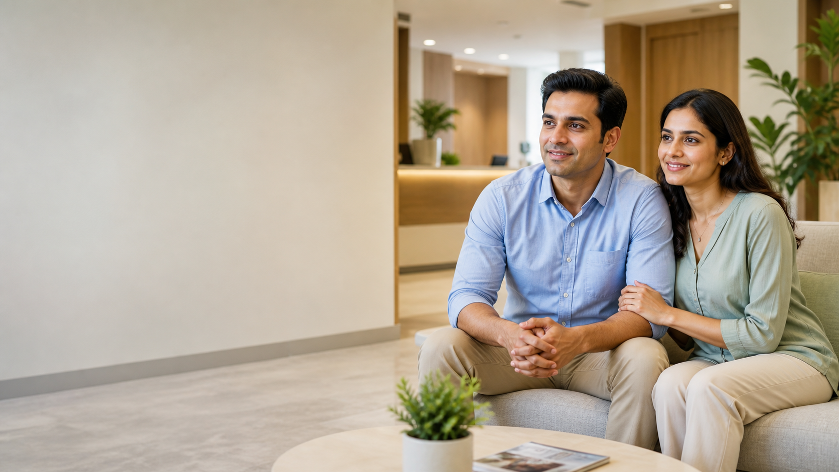 Respectful couple in a modern clinic lounge